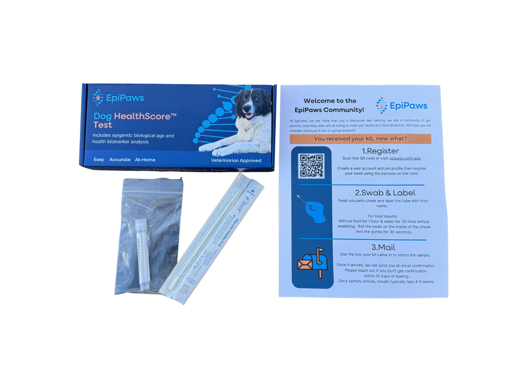 EpiPaws Dog HealthScore test kit with packaging and components on a white background